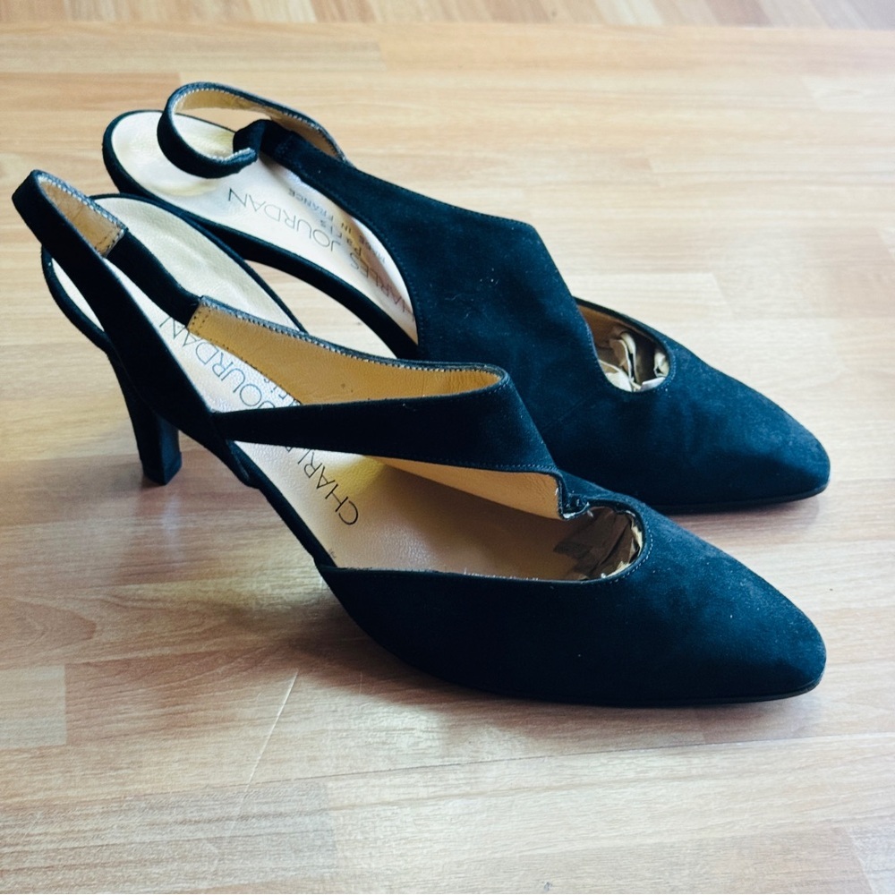 Charles Jourdan pointy toe sling back heels black suede size 6